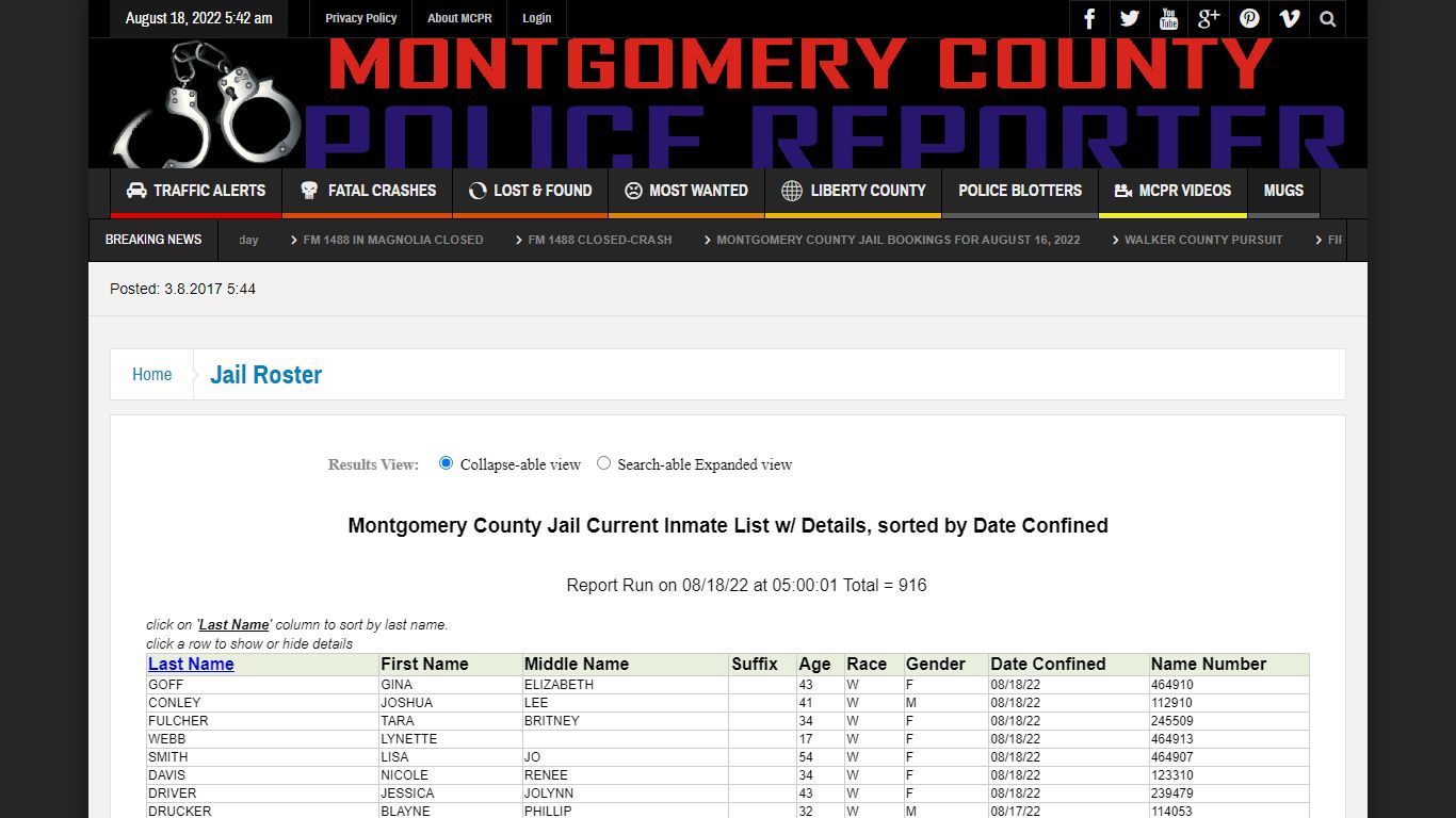 Jail Roster – Montgomery County Police Reporter